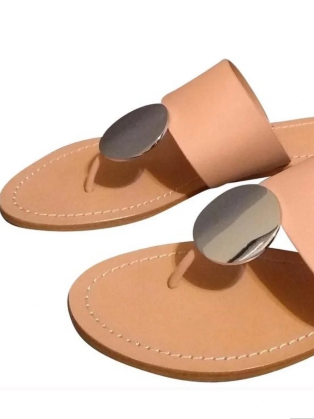 TORY BURCH SIZE 8~SILVER DISK PATOS SANDALS~NATURAL VACHETTA NUDE LEATHER~FLATS